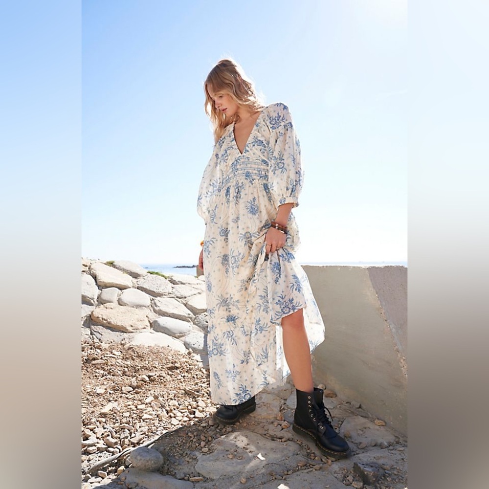 Free People Cream Maxi Dress with Blue Floral Print